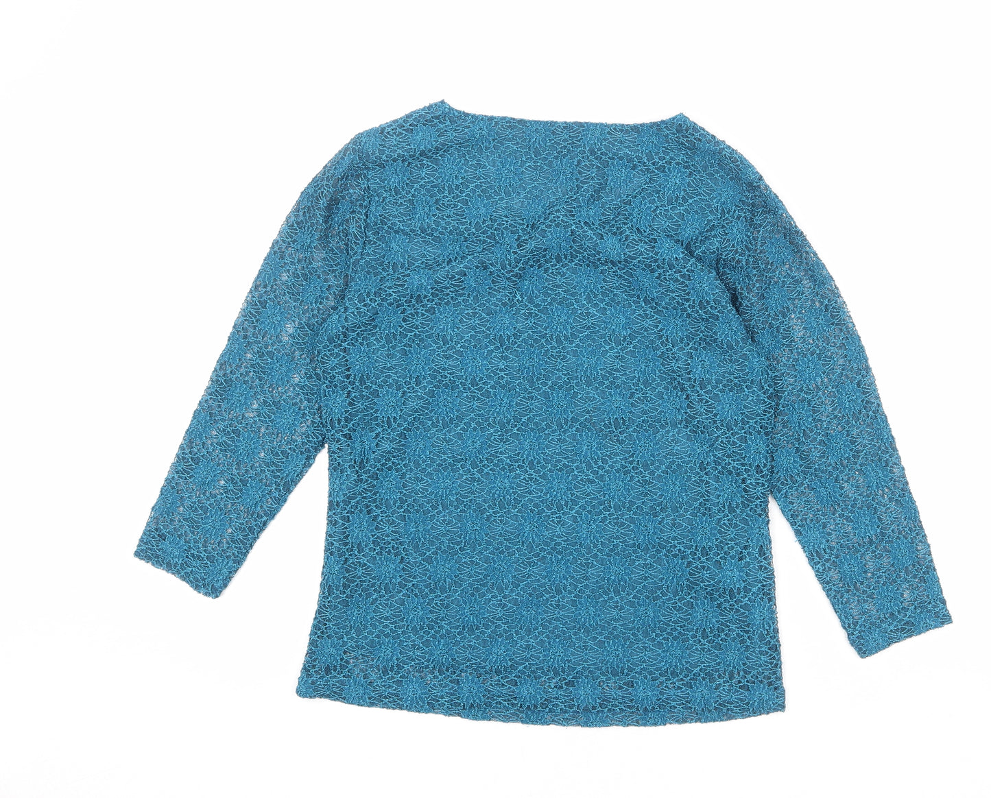 Chianti Womens Blue Nylon Basic Blouse Size 10 Round Neck - Crocheted Lace Overlay