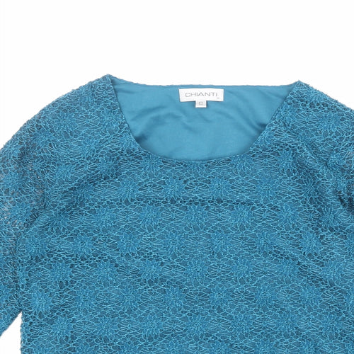 Chianti Womens Blue Nylon Basic Blouse Size 10 Round Neck - Crocheted Lace Overlay