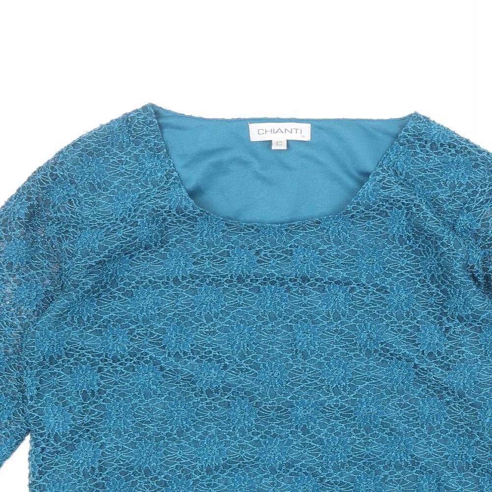 Chianti Womens Blue Nylon Basic Blouse Size 10 Round Neck - Crocheted Lace Overlay