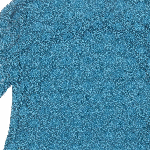 Chianti Womens Blue Nylon Basic Blouse Size 10 Round Neck - Crocheted Lace Overlay