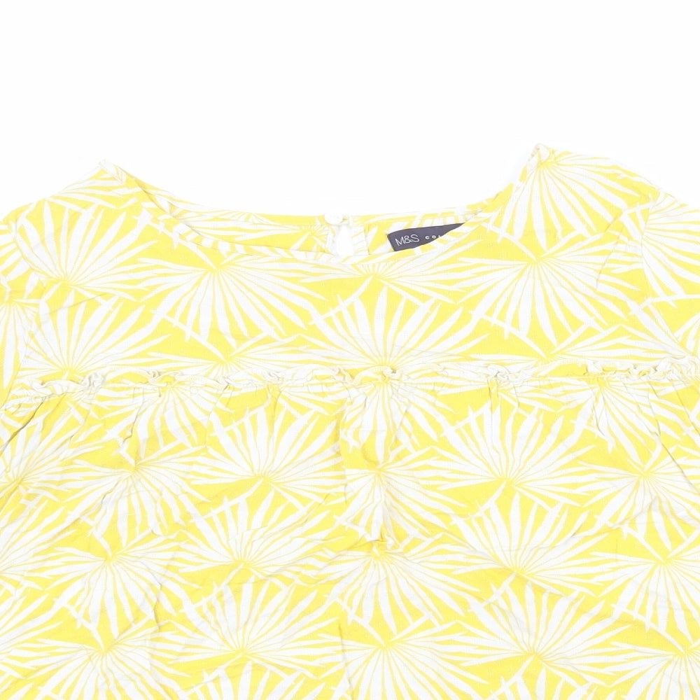 Marks and Spencer Womens Yellow Geometric Viscose Basic Blouse Size 10 Boat Neck