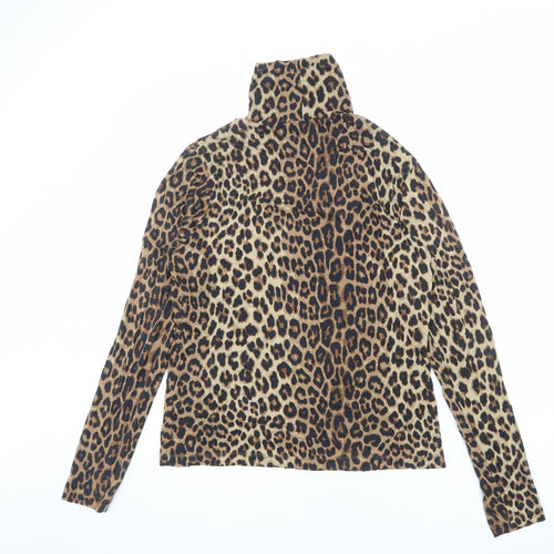 H&M Womens Brown Animal Print Modal Basic T-Shirt Size L High Neck