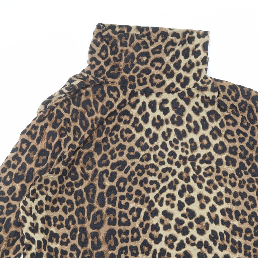 H&M Womens Brown Animal Print Modal Basic T-Shirt Size L High Neck