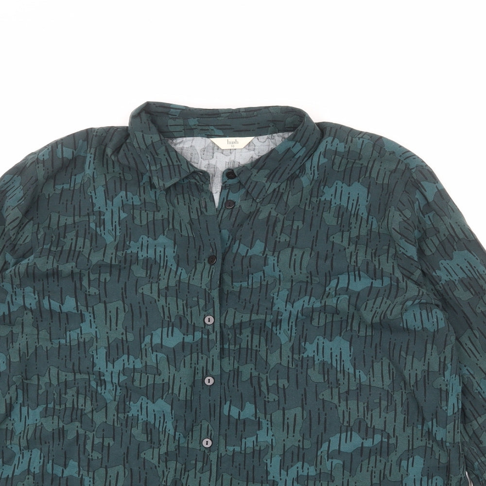 Hush Womens Green Camouflage Viscose Basic Button-Up Size 10 Collared