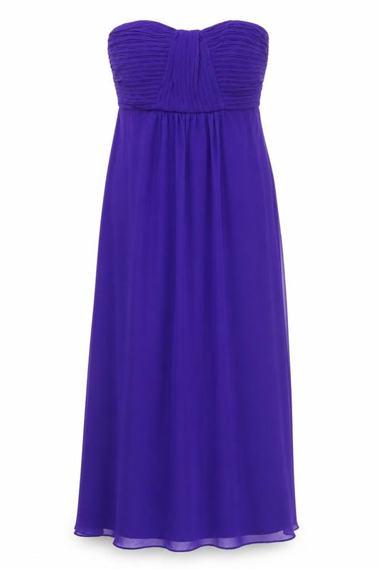 Front view of Debut women’s purple polyester ball gown, size UK 14, off the shoulder zip - detachable straps included