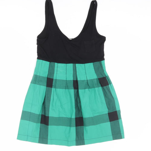 Topshop Womens Green Plaid Cotton Tank Dress Size 12 Scoop Neck Zip