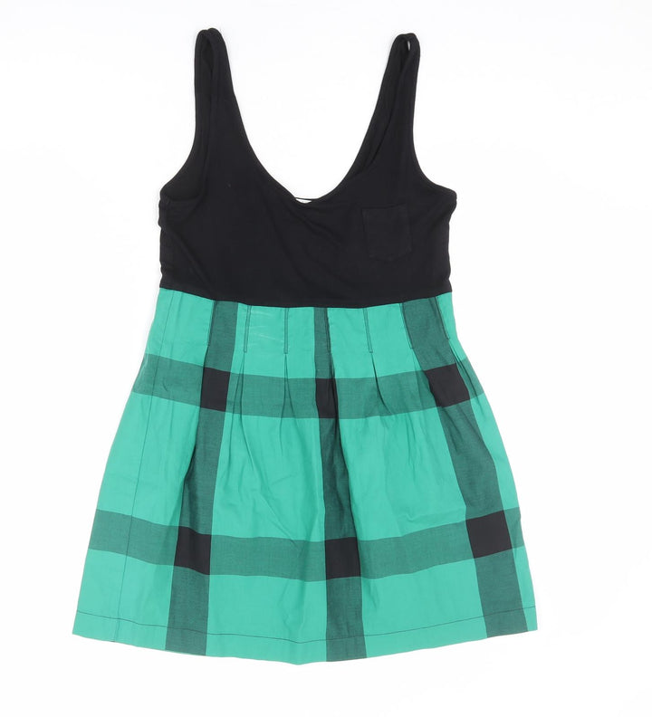 Topshop Womens Green Plaid Cotton Tank Dress Size 12 Scoop Neck Zip