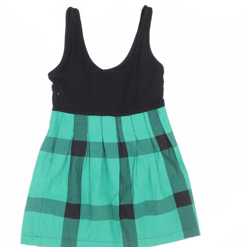 Topshop Womens Green Plaid Cotton Tank Dress Size 12 Scoop Neck Zip