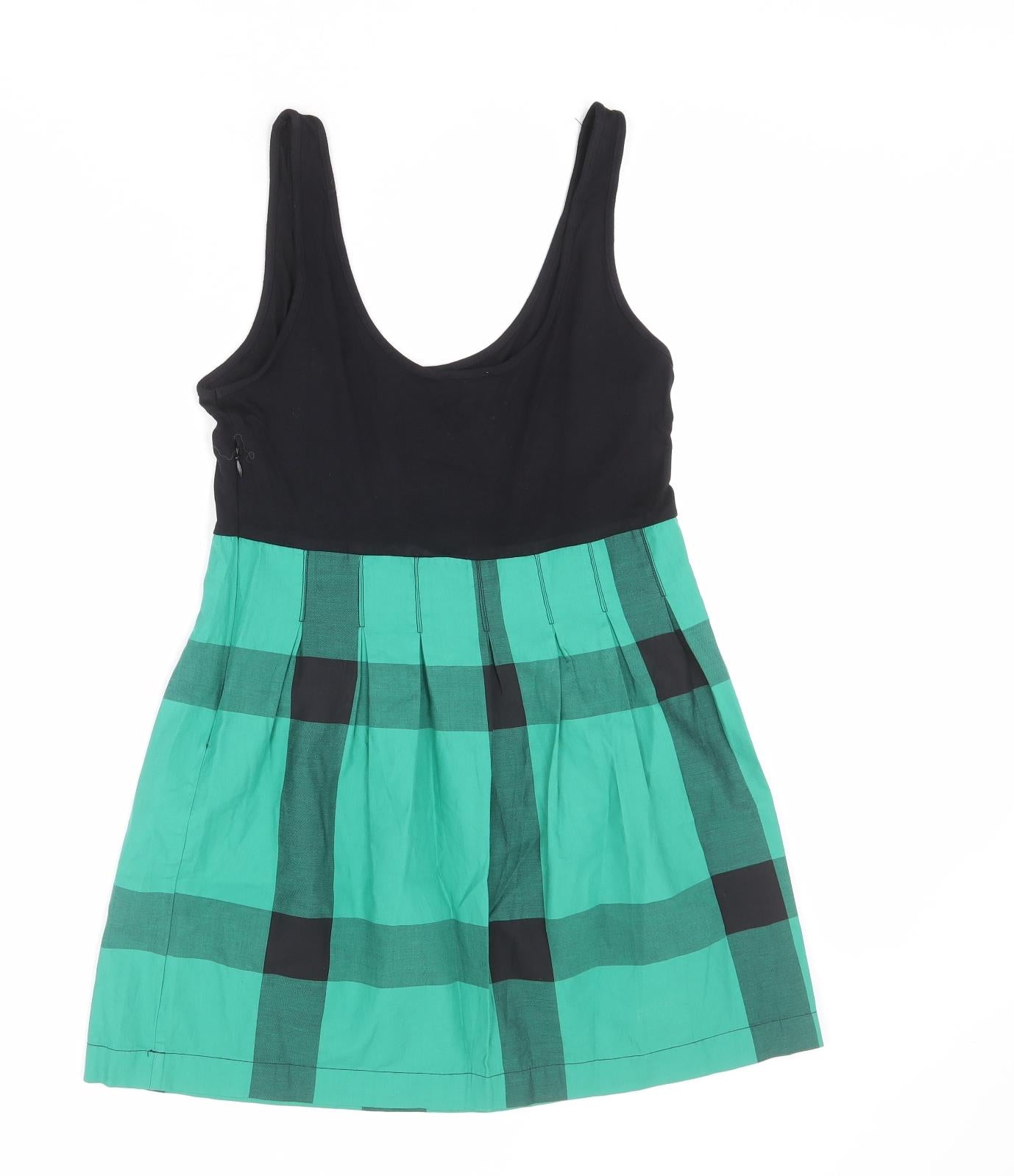 Topshop Womens Green Plaid Cotton Tank Dress Size 12 Scoop Neck Zip