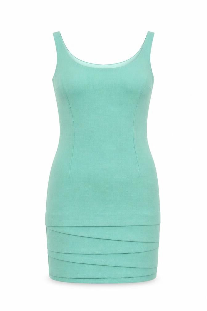 Front view of Abigail Porter women’s green polyester mini, size UK 12, scoop neck zip