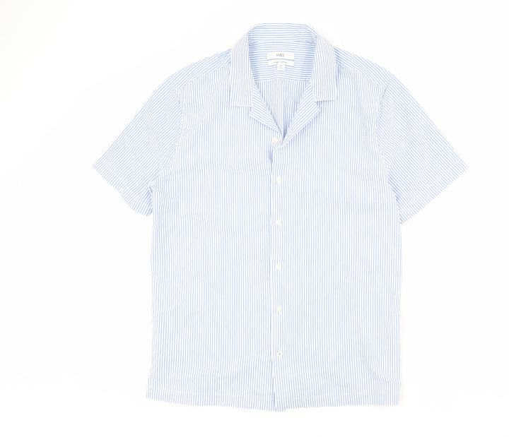 Marks and Spencer Mens Blue Striped Cotton Button-Up Size M Collared Button