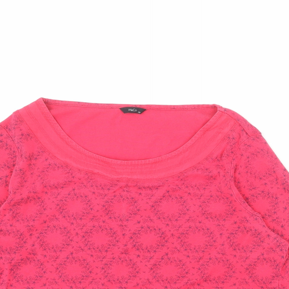 M&Co Womens Pink Floral 100% Cotton Basic T-Shirt Size 20 Boat Neck