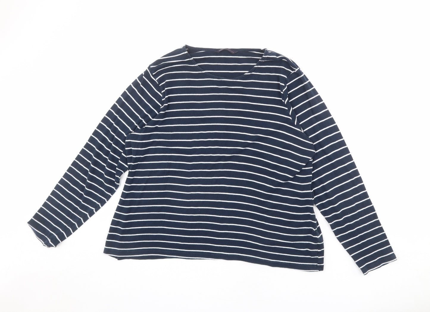 Marks and Spencer Womens Blue Striped 100% Cotton Basic T-Shirt Size 20 Boat Neck