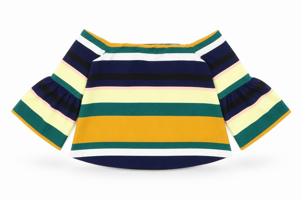 Front view of Zara women’s multicoloured striped polyester basic blouse, size M, off the shoulder