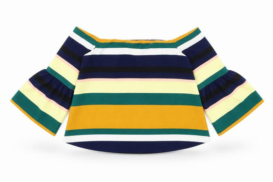 Front view of Zara women’s multicoloured striped polyester basic blouse, size M, off the shoulder
