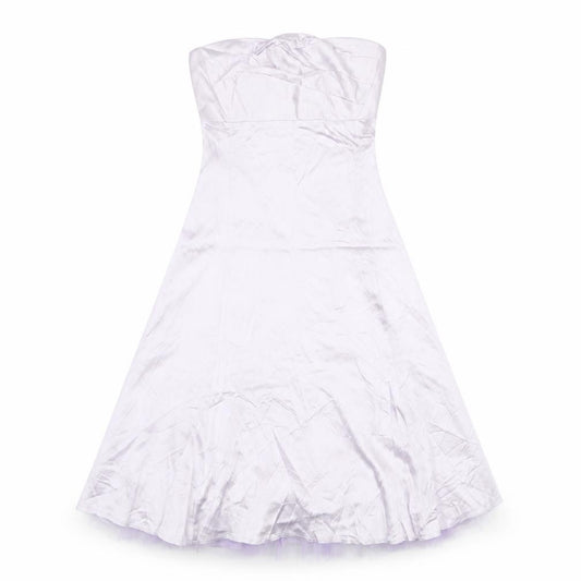 Front view of Warehouse women’s purple acrylic ball gown, size UK 8, off the shoulder zip - tulle underskirt