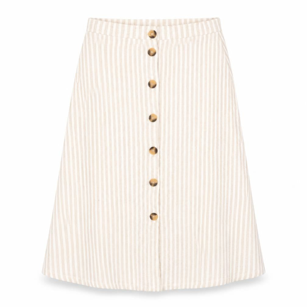 Front view of Stradivarius women’s beige striped viscose a-line skirt, size L, button