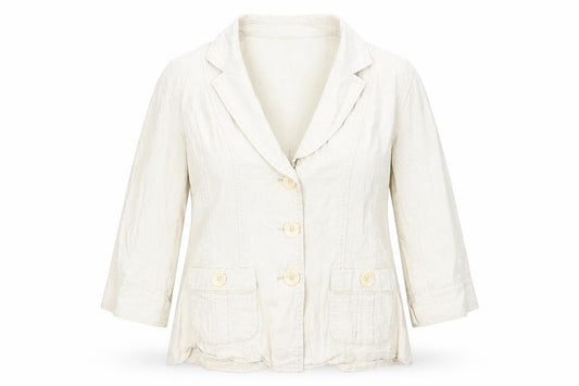 Front view of EWM women’s beige jacket blazer, size UK 14, button