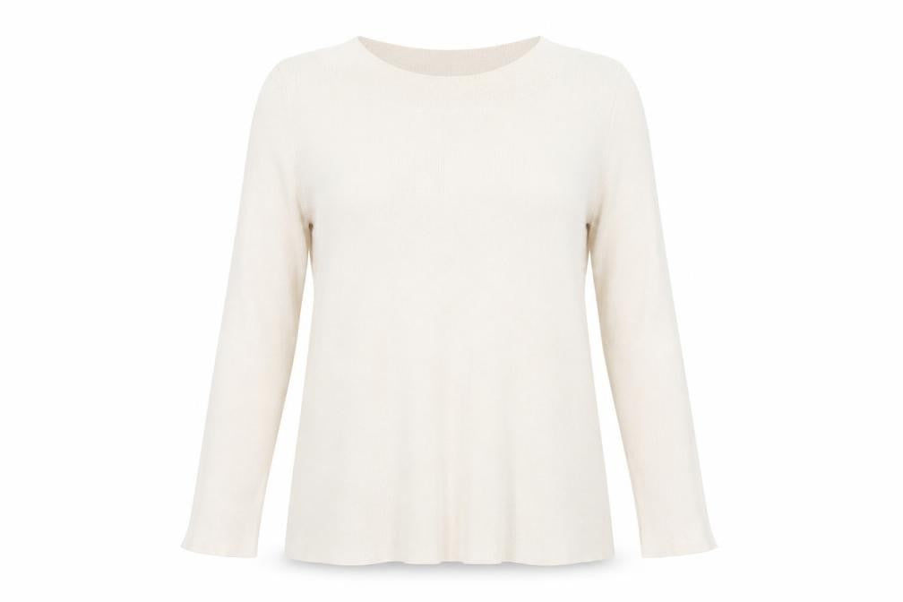 Front view of Oasis women’s beige round neck viscose jumper, size L