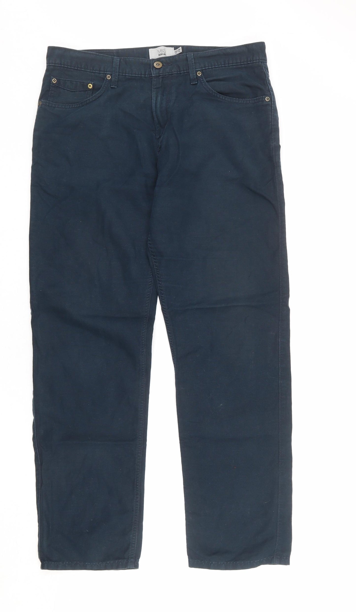 Marks and Spencer Mens Blue Cotton Trousers Size 34 in L31 in Regular Zip