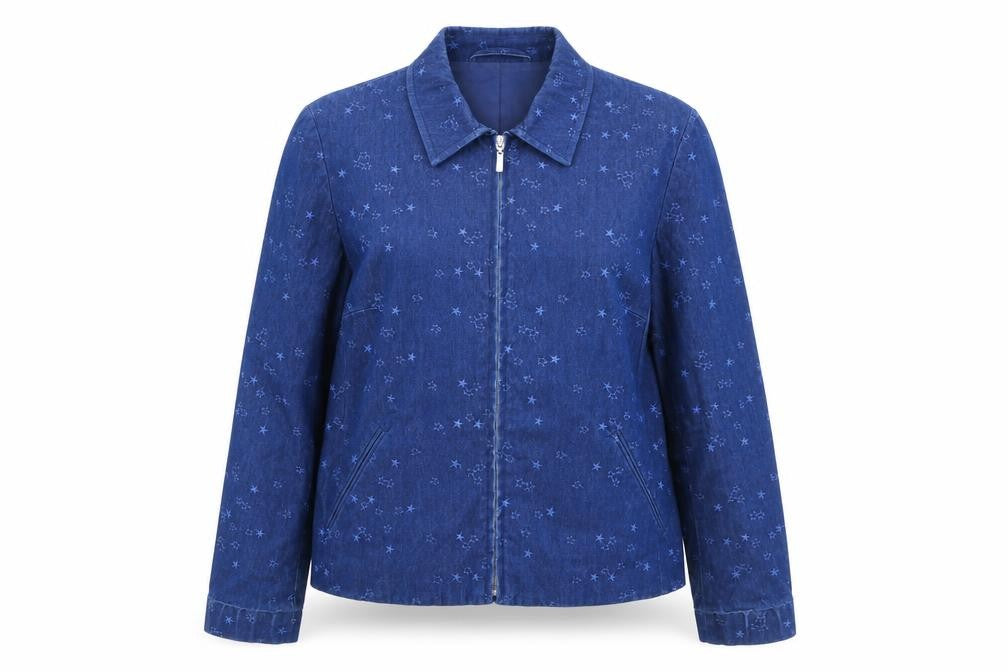 Front view of ESCADE SPORT women’s blue geometric jacket, size UK 10, zip - stars print