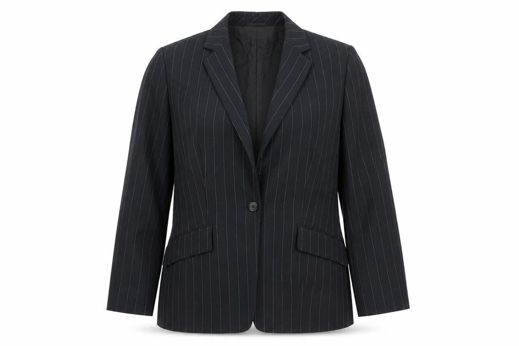 Front view of Yomanis women’s black striped jacket blazer, size UK 12, button