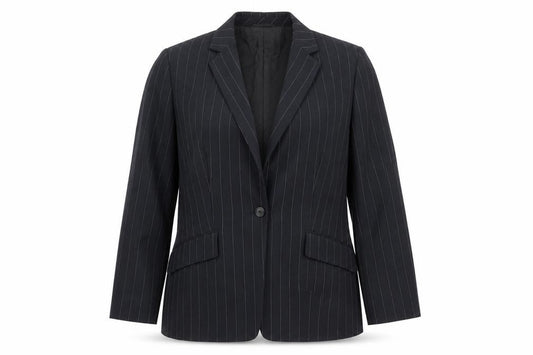 Front view of Yomanis women’s black striped jacket blazer, size UK 12, button
