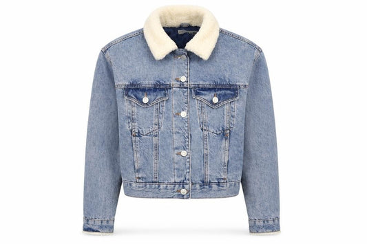 Front view of Topshop women’s blue jacket, size UK 10, button