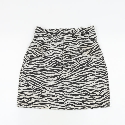 Zara Womens White Animal Print Cotton A-Line Skirt Size S Zip - Zebra pattern