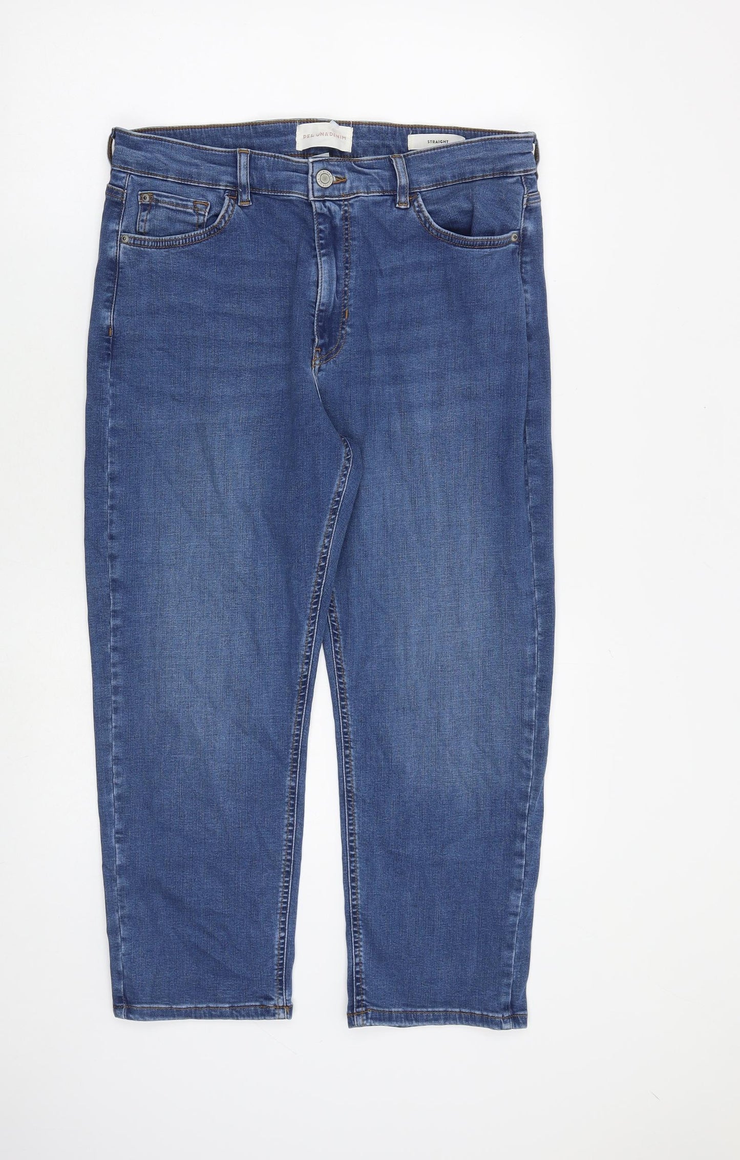 Per Una Womens Blue Cotton Straight Jeans Size 16 L25 in Regular Zip