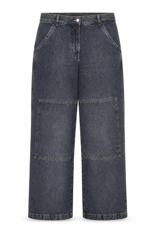 Front view of H&M women’s blue cotton straight jeans, size UK 12, 33-inch leg regular zip