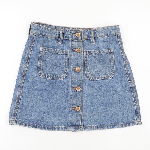 Bershka Womens Blue Cotton Mini Skirt Size 6 Button