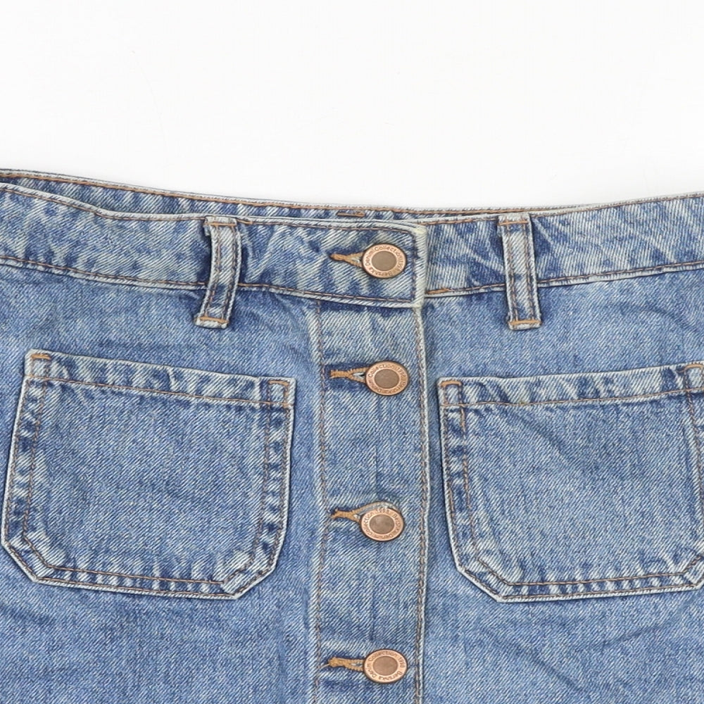 Bershka Womens Blue Cotton Mini Skirt Size 6 Button