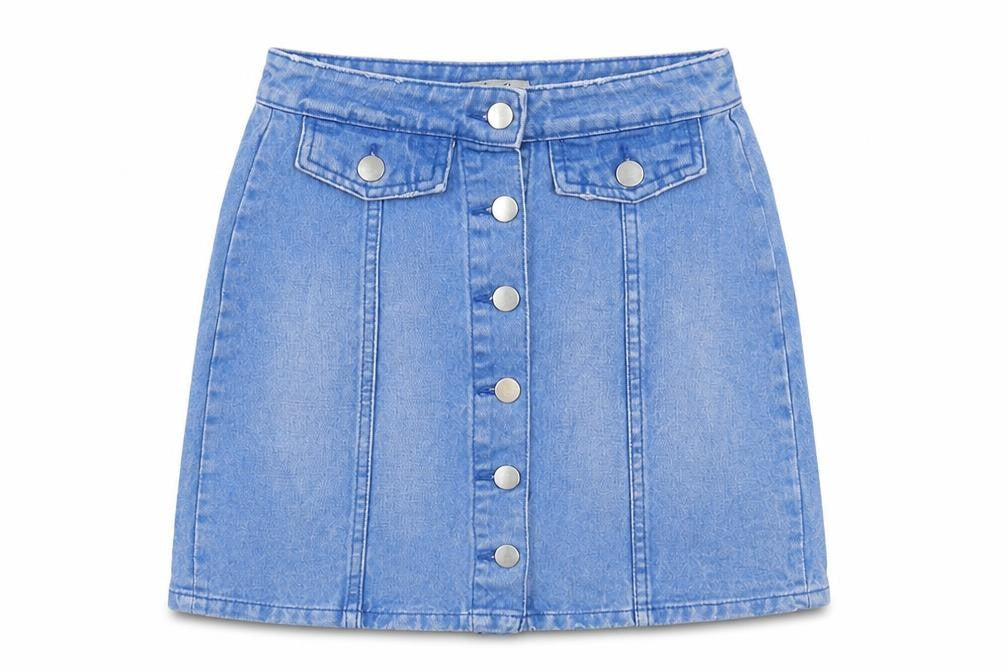 Front view of Denim & Co. women’s blue cotton a-line skirt, size UK 8, button