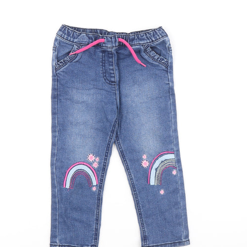 Dunnes Stores Girls Blue Cotton Cropped Jeans Size 18-24 Months Drawstring - Rainbow and Flower Details, 18-23 Months