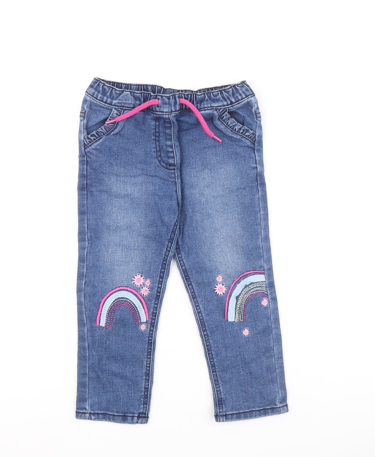 Dunnes Stores Girls Blue Cotton Cropped Jeans Size 18-24 Months Drawstring - Rainbow and Flower Details, 18-23 Months
