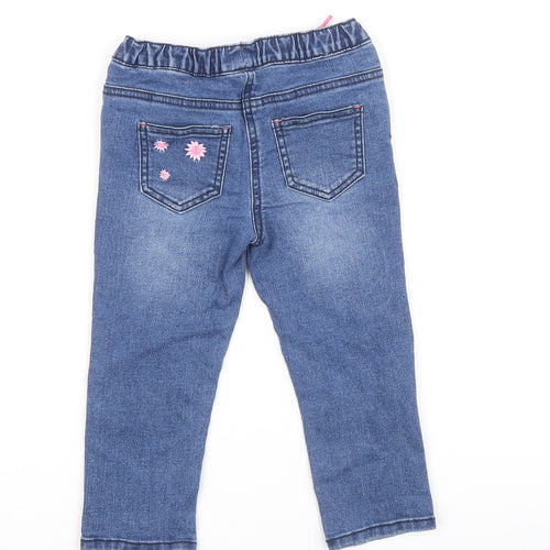 Dunnes Stores Girls Blue Cotton Cropped Jeans Size 18-24 Months Drawstring - Rainbow and Flower Details, 18-23 Months