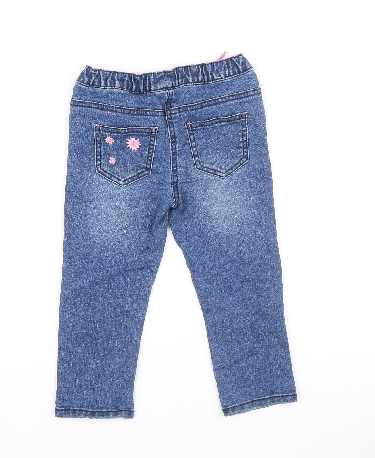 Dunnes Stores Girls Blue Cotton Cropped Jeans Size 18-24 Months Drawstring - Rainbow and Flower Details, 18-23 Months