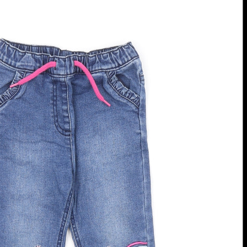 Dunnes Stores Girls Blue Cotton Cropped Jeans Size 18-24 Months Drawstring - Rainbow and Flower Details, 18-23 Months