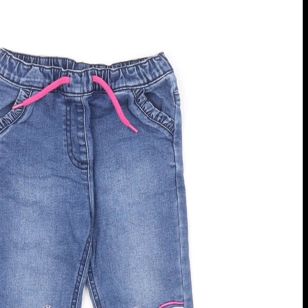 Dunnes Stores Girls Blue Cotton Cropped Jeans Size 18-24 Months Drawstring - Rainbow and Flower Details, 18-23 Months