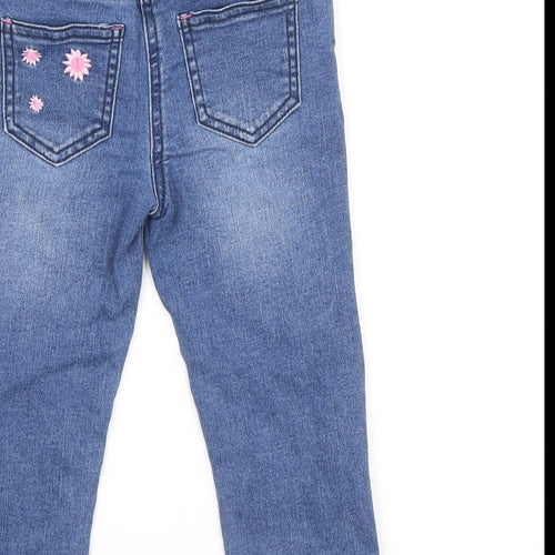 Dunnes Stores Girls Blue Cotton Cropped Jeans Size 18-24 Months Drawstring - Rainbow and Flower Details, 18-23 Months