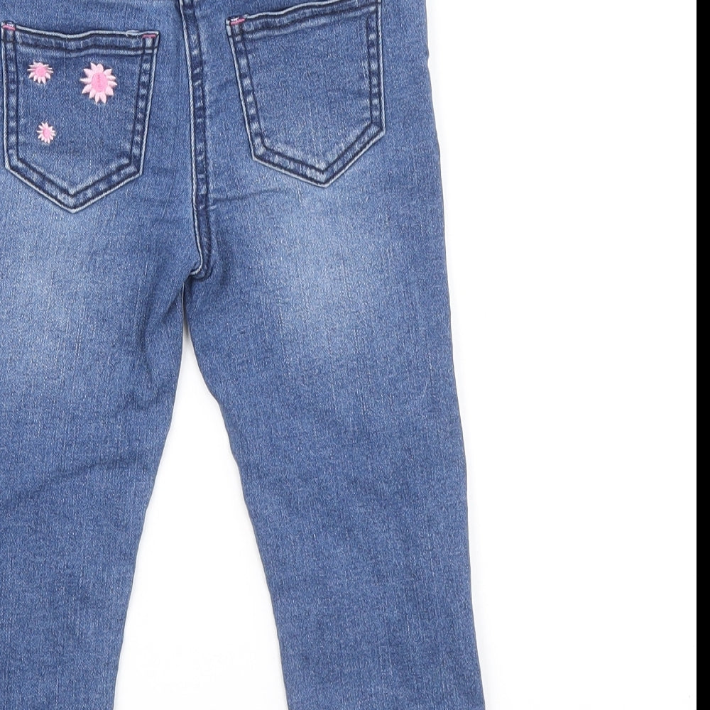Dunnes Stores Girls Blue Cotton Cropped Jeans Size 18-24 Months Drawstring - Rainbow and Flower Details, 18-23 Months