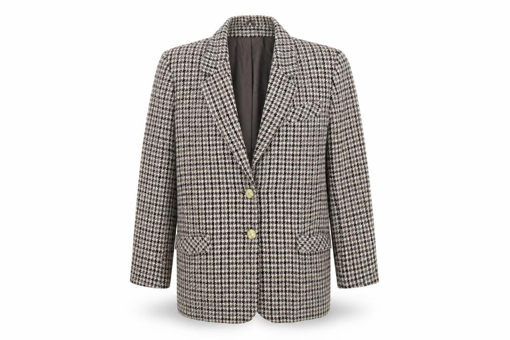 Front view of Accolade women’s brown plaid nylon jacket blazer, size UK 14