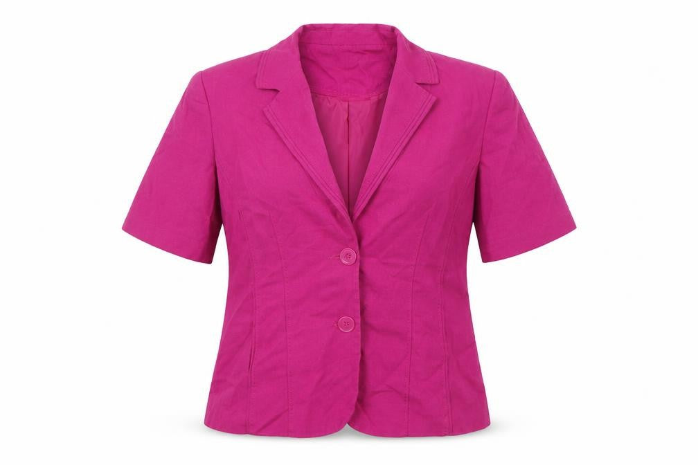 Front view of Bonmarché women’s purple linen jacket suit jacket, size UK 12, button