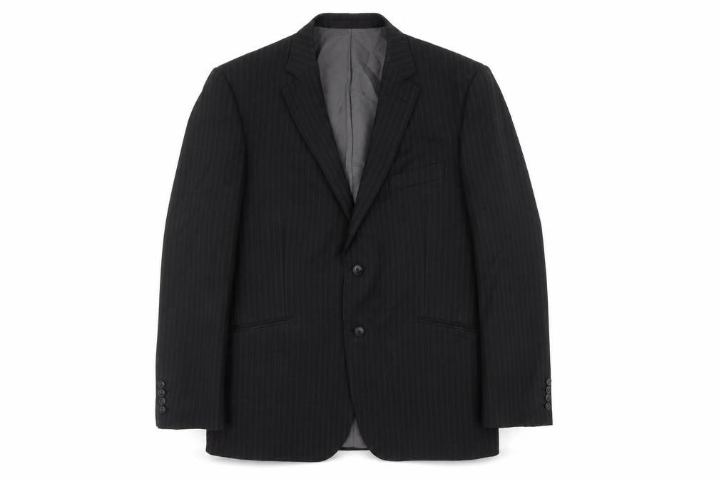 Front view of Marks & Spencer men’s black striped polyester jacket suit jacket, size 42, regular