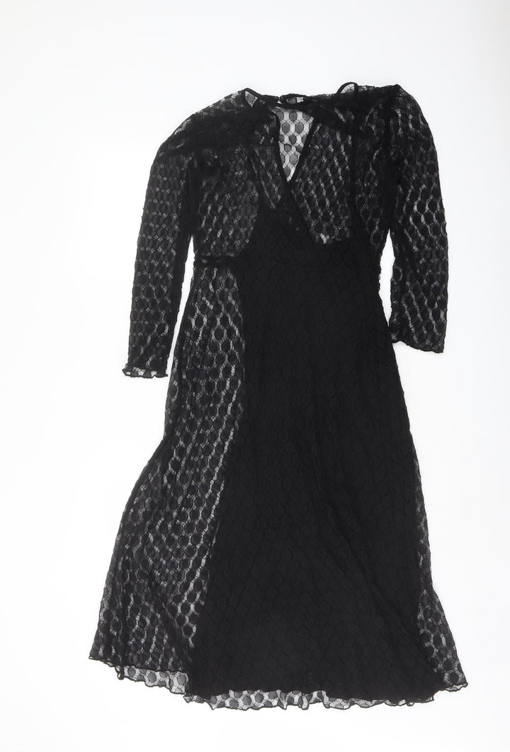 White Label Womens Black Polka Dot Polyester Trapeze & Swing Size 10 Round Neck Button