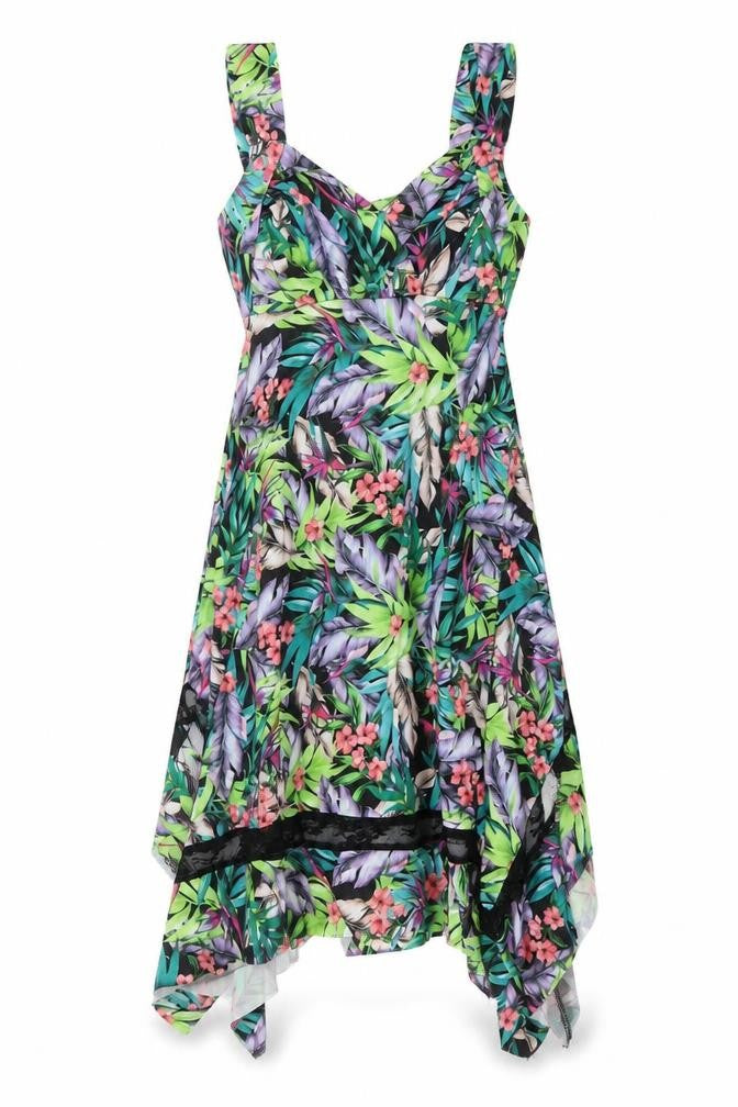 Front view of Izabel women’s multicoloured floral polyester tank dress, size UK 8, v-neck pullover
