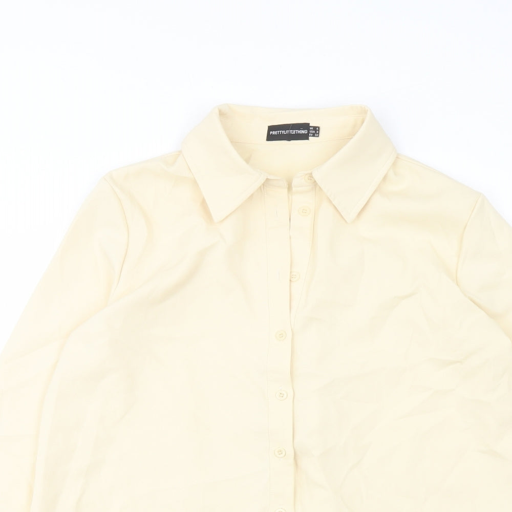 PRETTYLITTLETHING Womens Beige Polyester Basic Button-Up Size 4 Collared