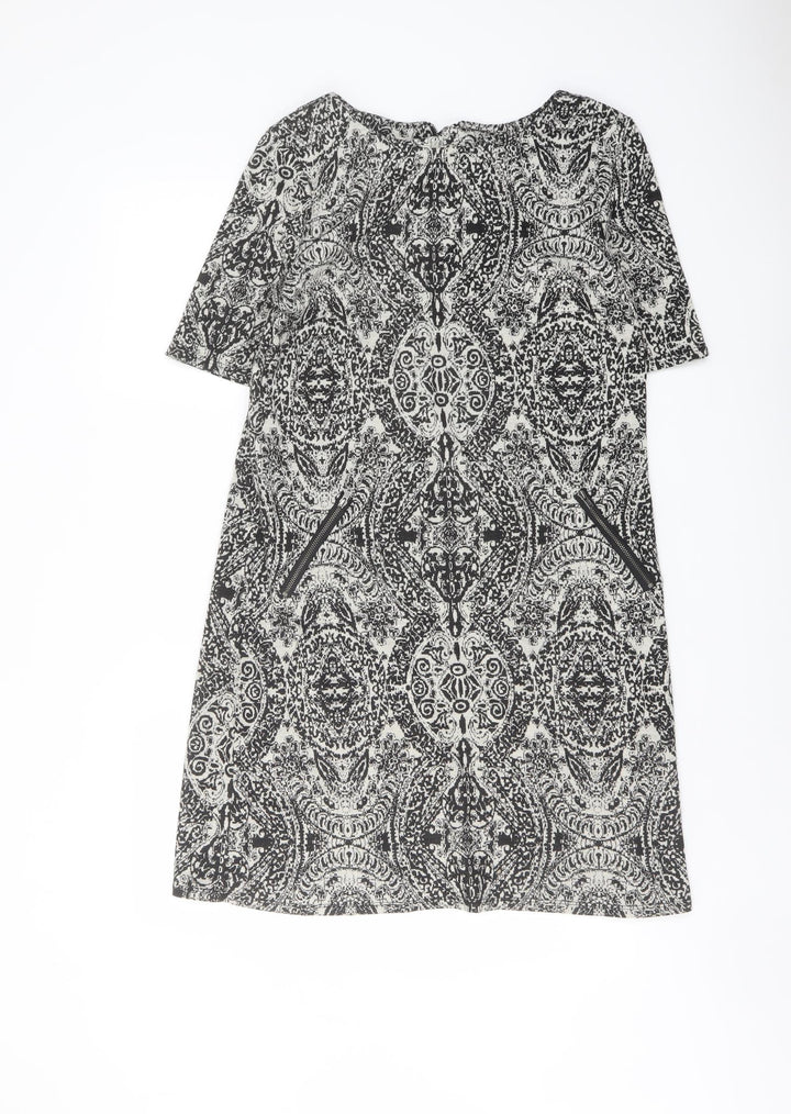 Wallis Womens Black Geometric Polyester Shift Size 12 Boat Neck Zip