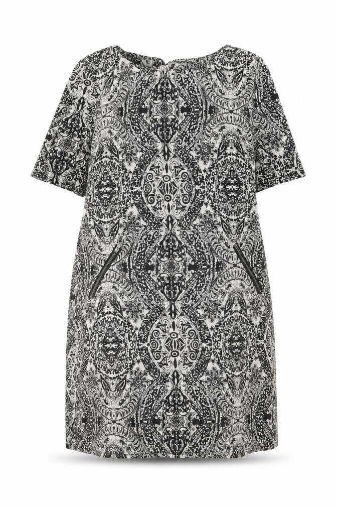Front view of Wallis women’s black geometric polyester shift, size UK 12, boat neck zip